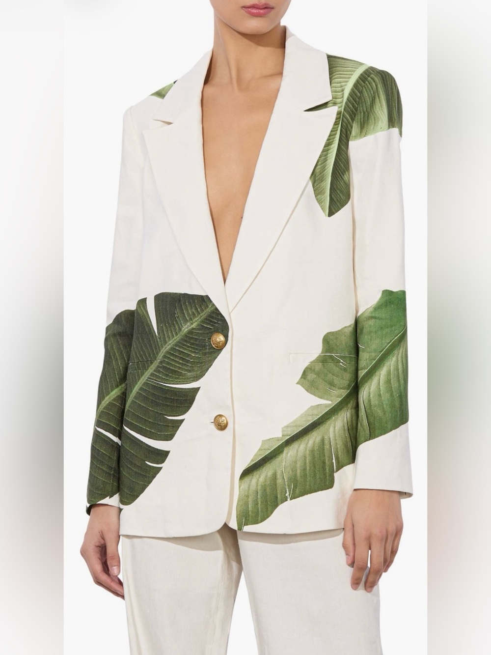 ALICE + OLIVIA Elna Slim Fit Linen Longline Blazer Off White Palm Leaf Print Sz2